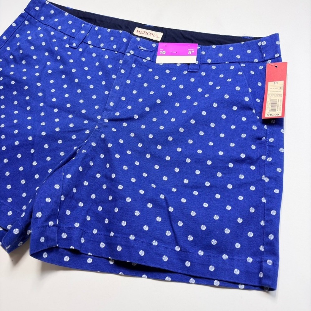 Merona Blue Polka Dot Chino Shorts Preppy Coastal Summer Womens 10 NWT